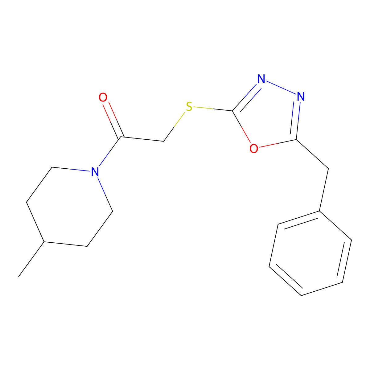 2-((5-Benzyl-1,3,4-oxadiazol-2-yl)thio)-1-(4-methylpiperidin-1-yl)ethanone molecular structure, CAS 851129-44-7