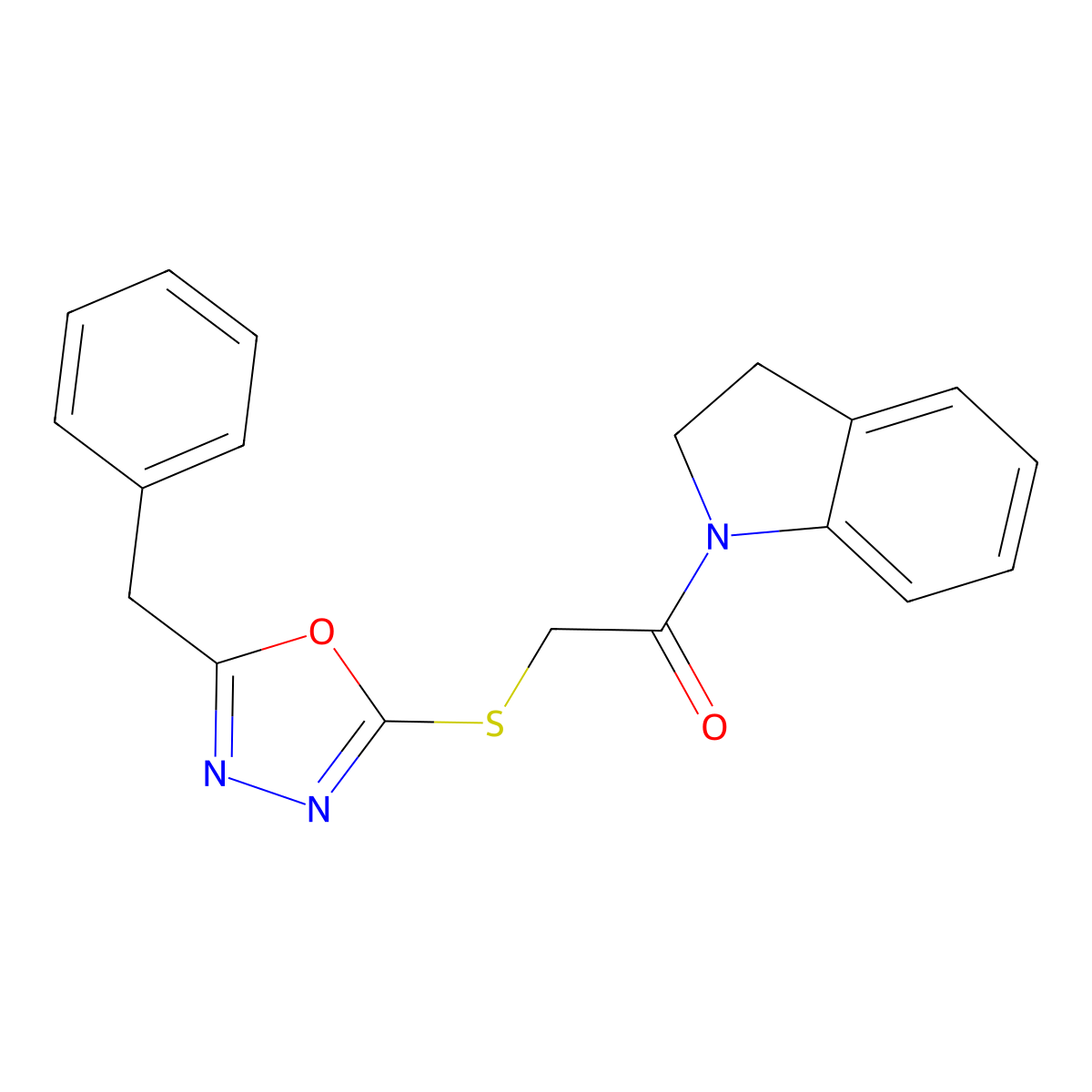 1-{[(5-Benzyl-1,3,4-oxadiazol-2-yl)thio]acetyl}indoline molecular structure, CAS 851129-49-2
