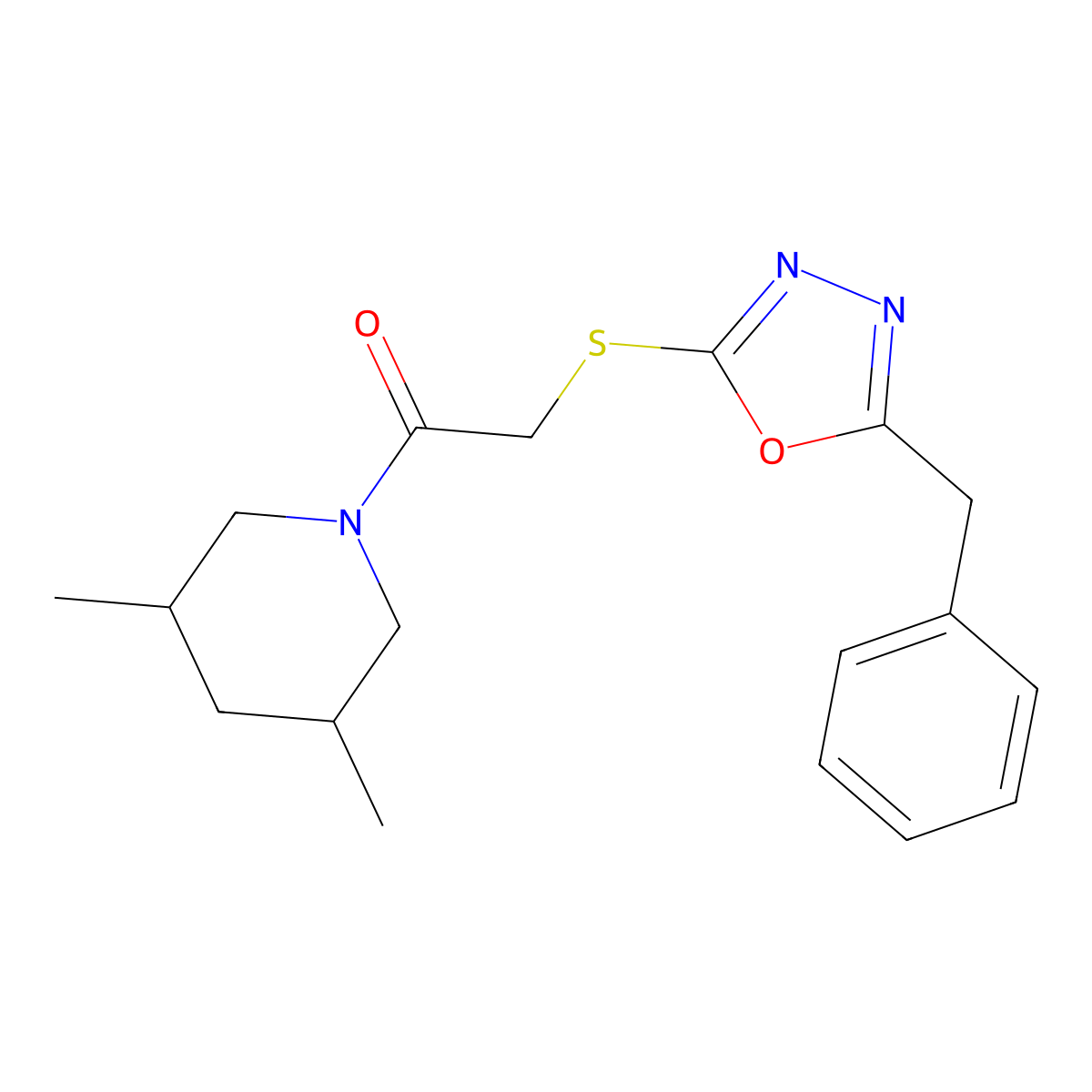 2-((5-Benzyl-1,3,4-oxadiazol-2-yl)thio)-1-(3,5-dimethylpiperidin-1-yl)ethanone molecular structure, CAS 851129-51-6