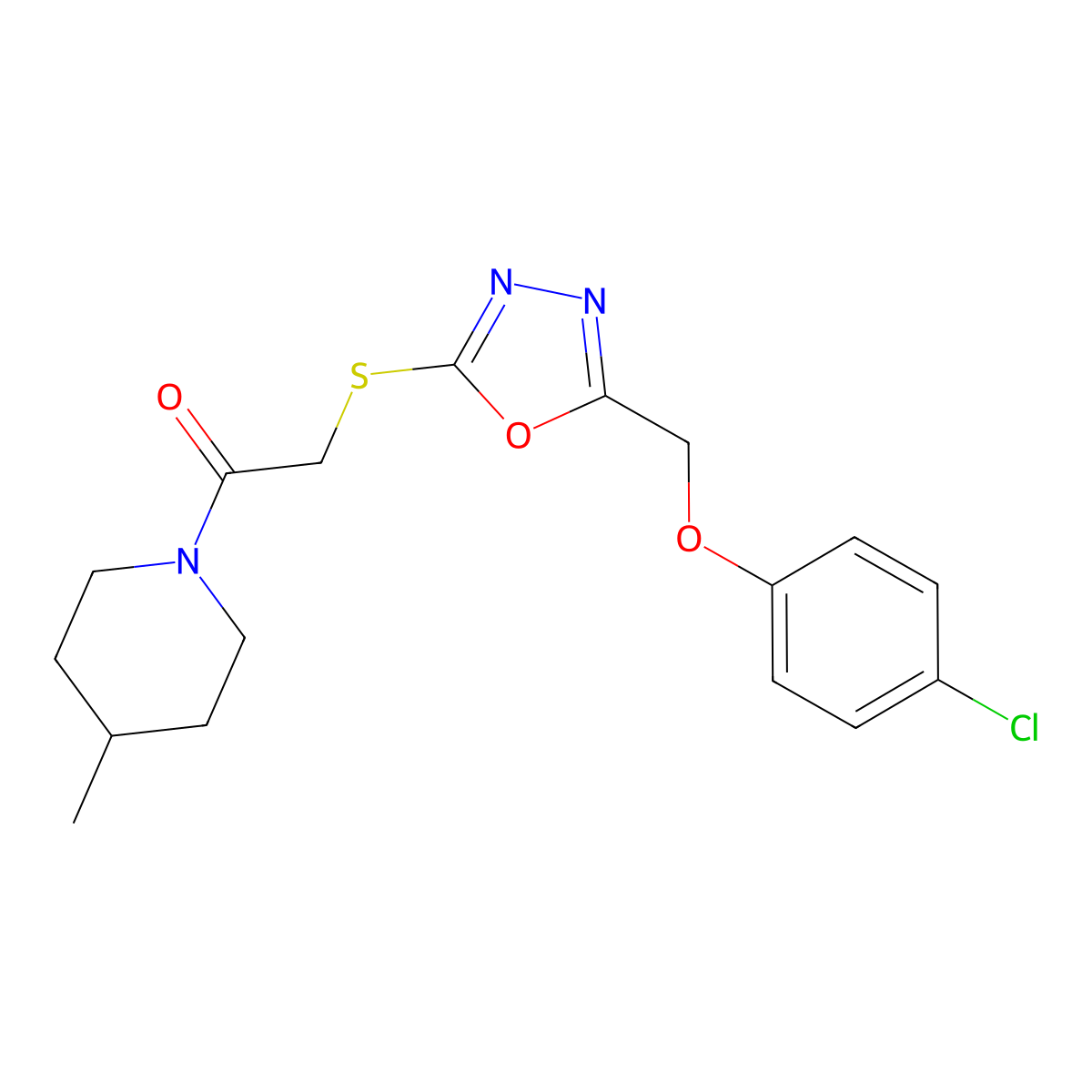 2-((5-((4-Chlorophenoxy)methyl)-1,3,4-oxadiazol-2-yl)thio)-1-(4-methylpiperidin-1-yl)ethanone molecular structure, CAS 851129-53-8