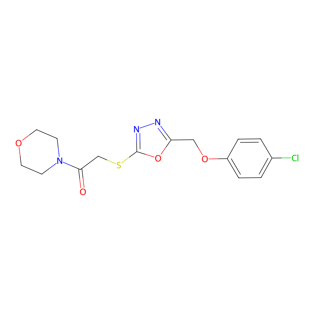 4-[({5-[(4-Chlorophenoxy)methyl]-1,3,4-oxadiazol-2-yl}thio)acetyl]morpholine molecular structure, CAS 851129-54-9