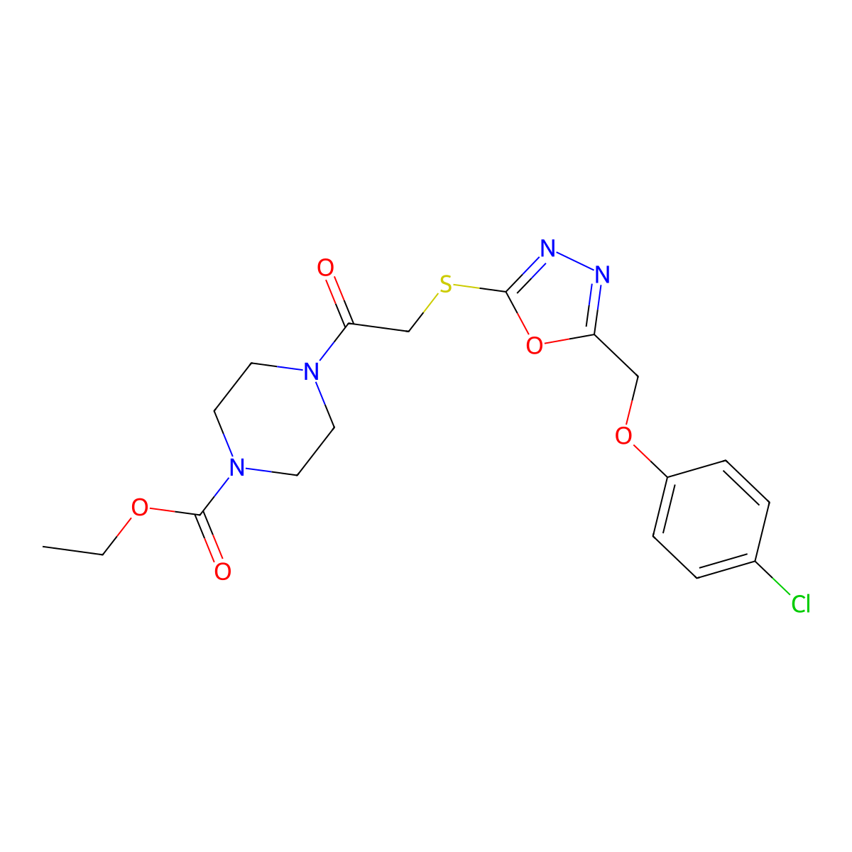 Ethyl 4-[2-({5-[(4-chlorophenoxy)methyl]-1,3,4-oxadiazol-2-yl}sulfanyl)acetyl]piperazine-1-carboxylate molecular structure, CAS 851129-56-1