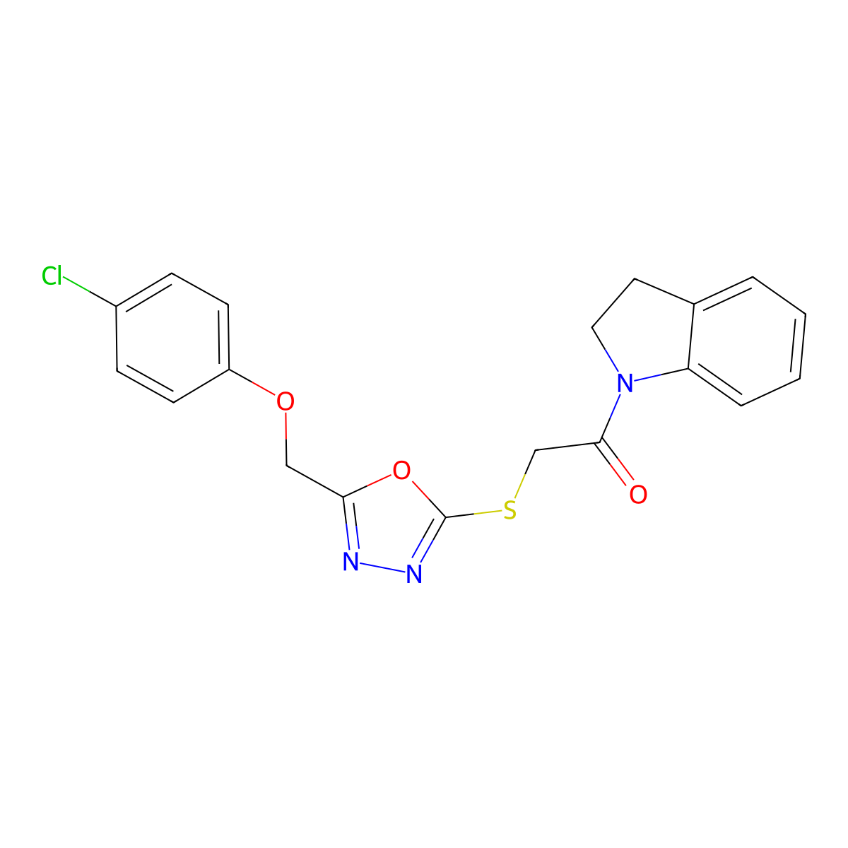 2-((5-((4-Chlorophenoxy)methyl)-1,3,4-oxadiazol-2-yl)thio)-1-(indolin-1-yl)ethanone molecular structure, CAS 851129-57-2