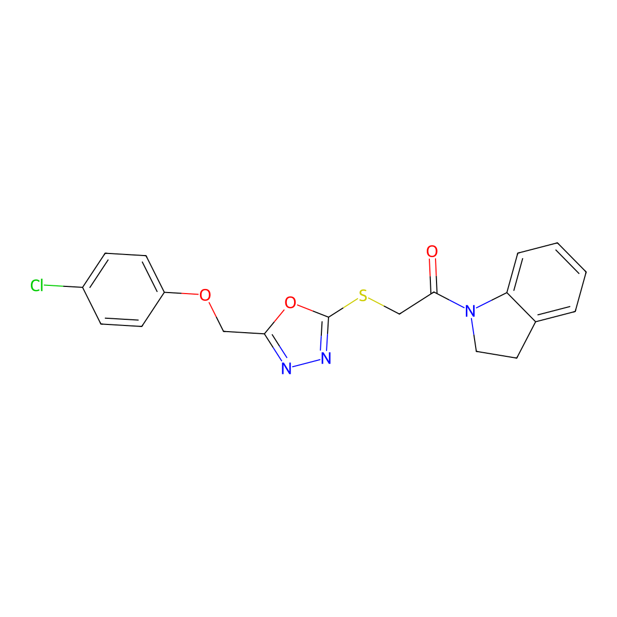 2-((5-((4-Chlorophenoxy)methyl)-1,3,4-oxadiazol-2-yl)thio)-1-(indolin-1-yl)ethanone molecular structure, CAS 851129-57-2