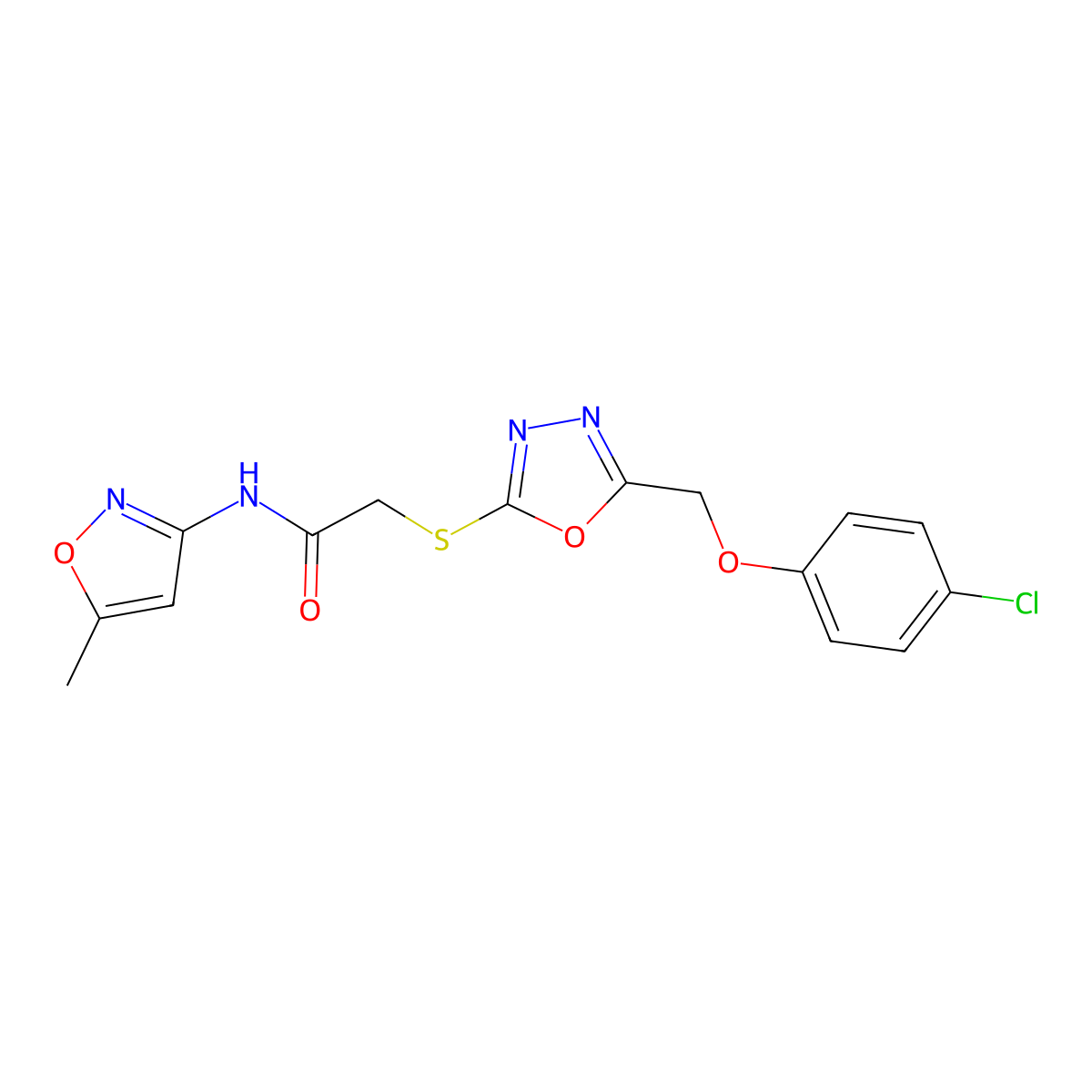 2-({5-[(4-chlorophenoxy)methyl]-1,3,4-oxadiazol-2-yl}sulfanyl)-N-(5-methyl-1,2-oxazol-3-yl)acetamide molecular structure, CAS 851129-58-3