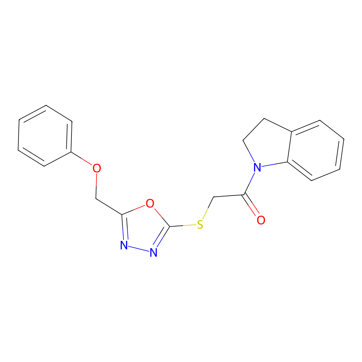 1-(Indolin-1-yl)-2-((5-(phenoxymethyl)-1,3,4-oxadiazol-2-yl)thio)ethanone molecular structure, CAS 851129-62-9