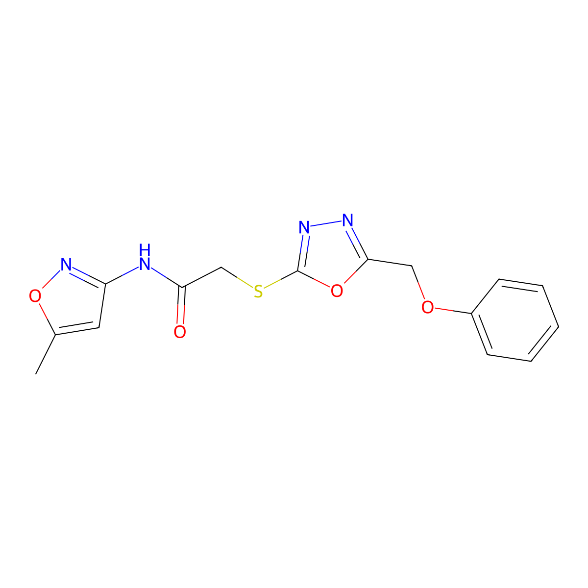 N-(5-methylisoxazol-3-yl)-2-((5-(phenoxymethyl)-1,3,4-oxadiazol-2-yl)thio)acetamide molecular structure, CAS 851129-63-0