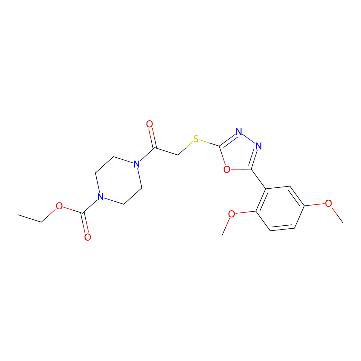 Ethyl 4-({[5-(2,5-dimethoxyphenyl)-1,3,4-oxadiazol-2-yl]thio}acetyl)piperazine-1-carboxylate molecular structure, CAS 851129-67-4