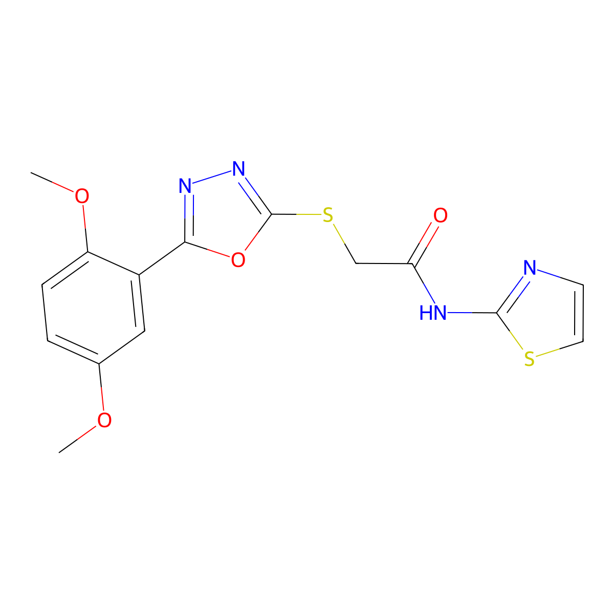 2-((5-(2,5-dimethoxyphenyl)-1,3,4-oxadiazol-2-yl)thio)-N-(thiazol-2-yl)acetamide molecular structure, CAS 851129-70-9