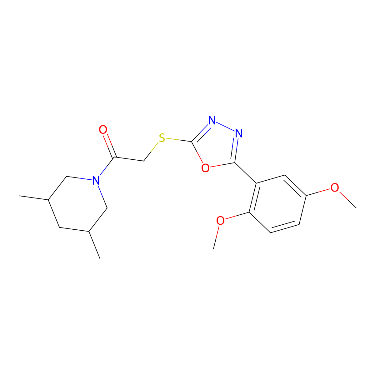 2-((5-(2,5-Dimethoxyphenyl)-1,3,4-oxadiazol-2-yl)thio)-1-(3,5-dimethylpiperidin-1-yl)ethanone molecular structure, CAS 851129-73-2