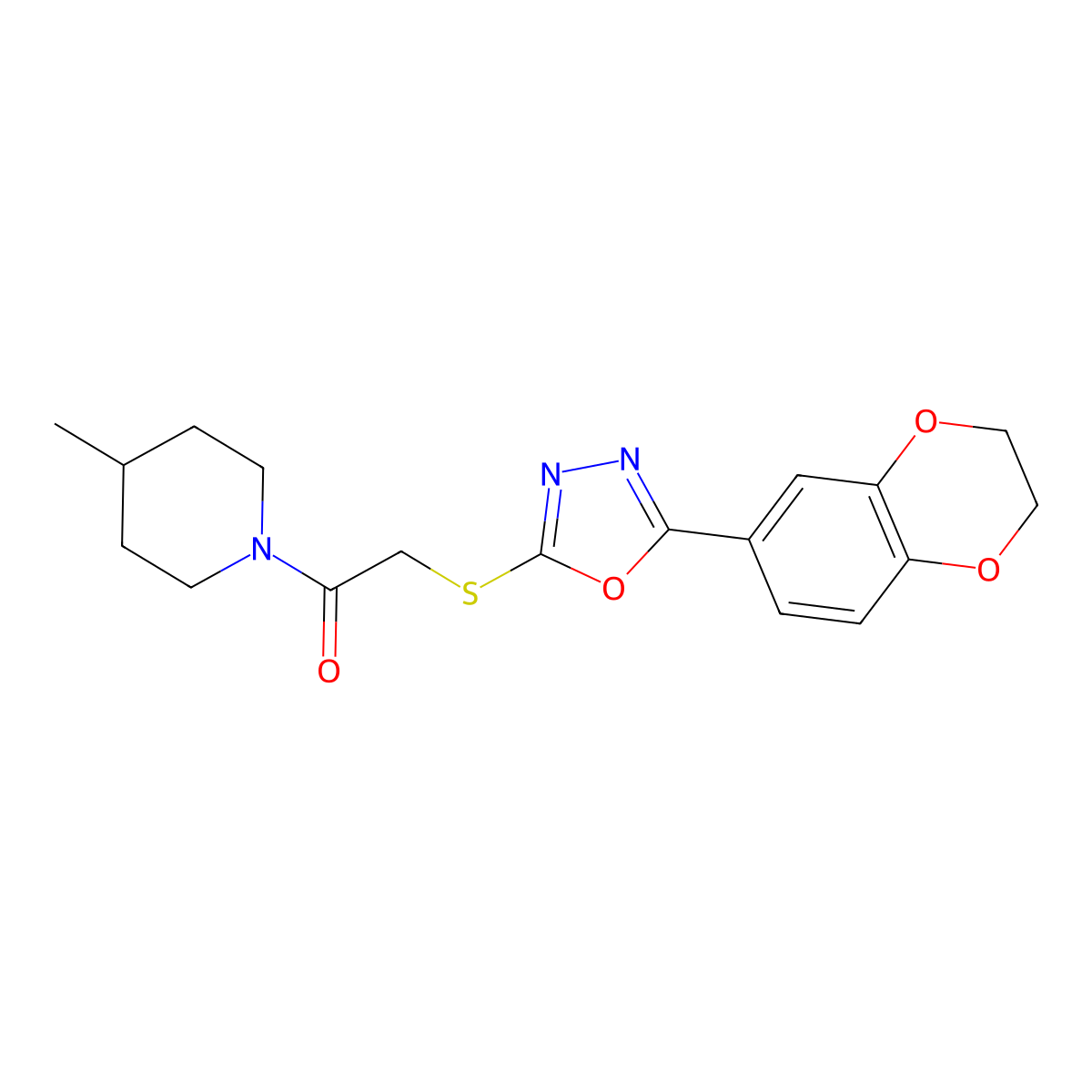 2-((5-(2,3-Dihydrobenzo[b][1,4]dioxin-6-yl)-1,3,4-oxadiazol-2-yl)thio)-1-(4-methylpiperidin-1-yl)ethanone molecular structure, CAS 851129-74-3