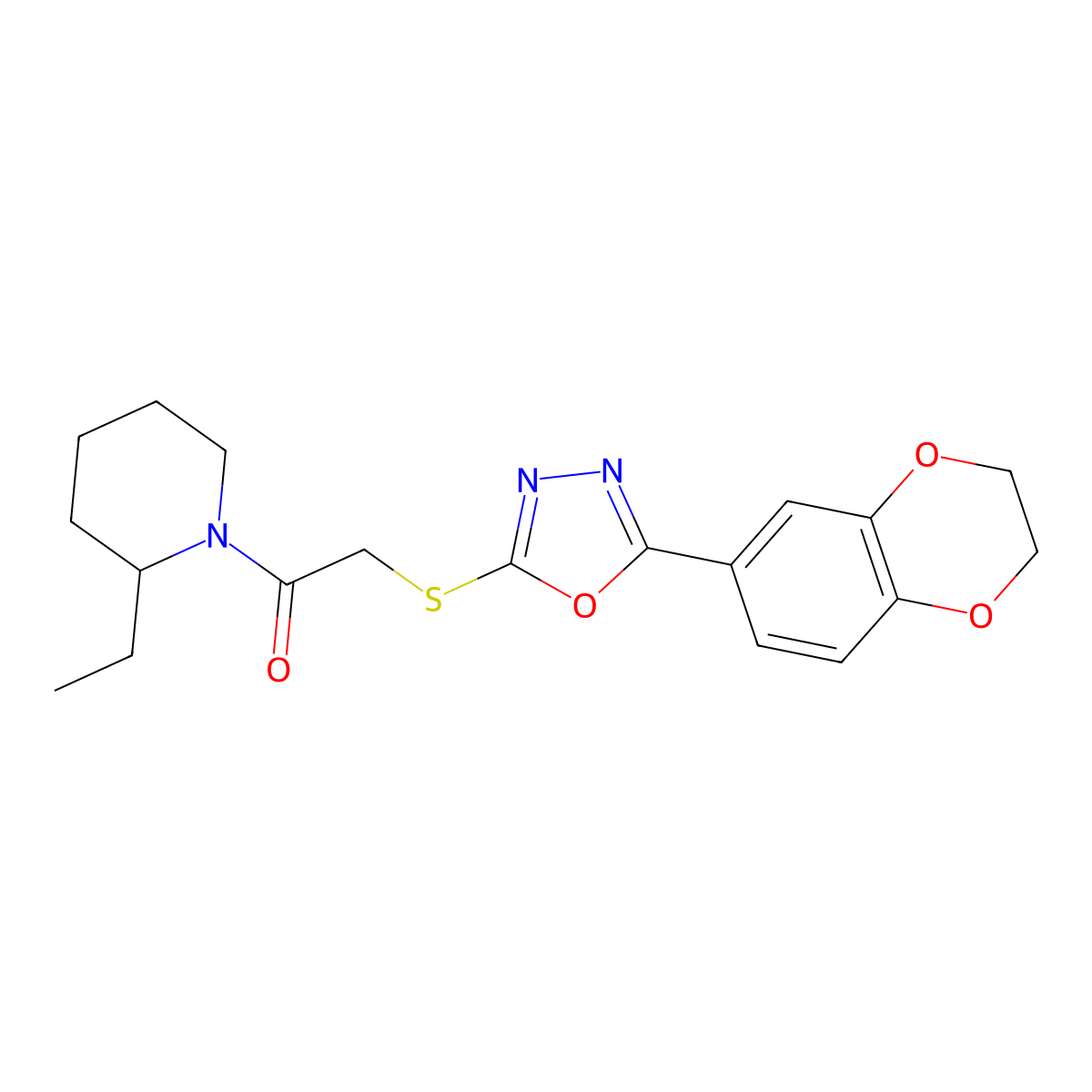 1-({[5-(2,3-Dihydro-1,4-benzodioxin-6-yl)-1,3,4-oxadiazol-2-yl]thio}acetyl)-2-ethylpiperidine molecular structure, CAS 851129-75-4