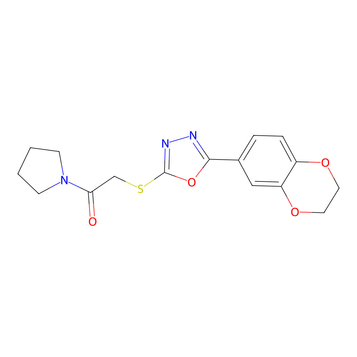 2-[[5-(2,3-Dihydro-1,4-benzodioxin-6-yl)-1,3,4-oxadiazol-2-yl]sulfanyl]-1-pyrrolidin-1-ylethanone molecular structure, CAS 851129-76-5