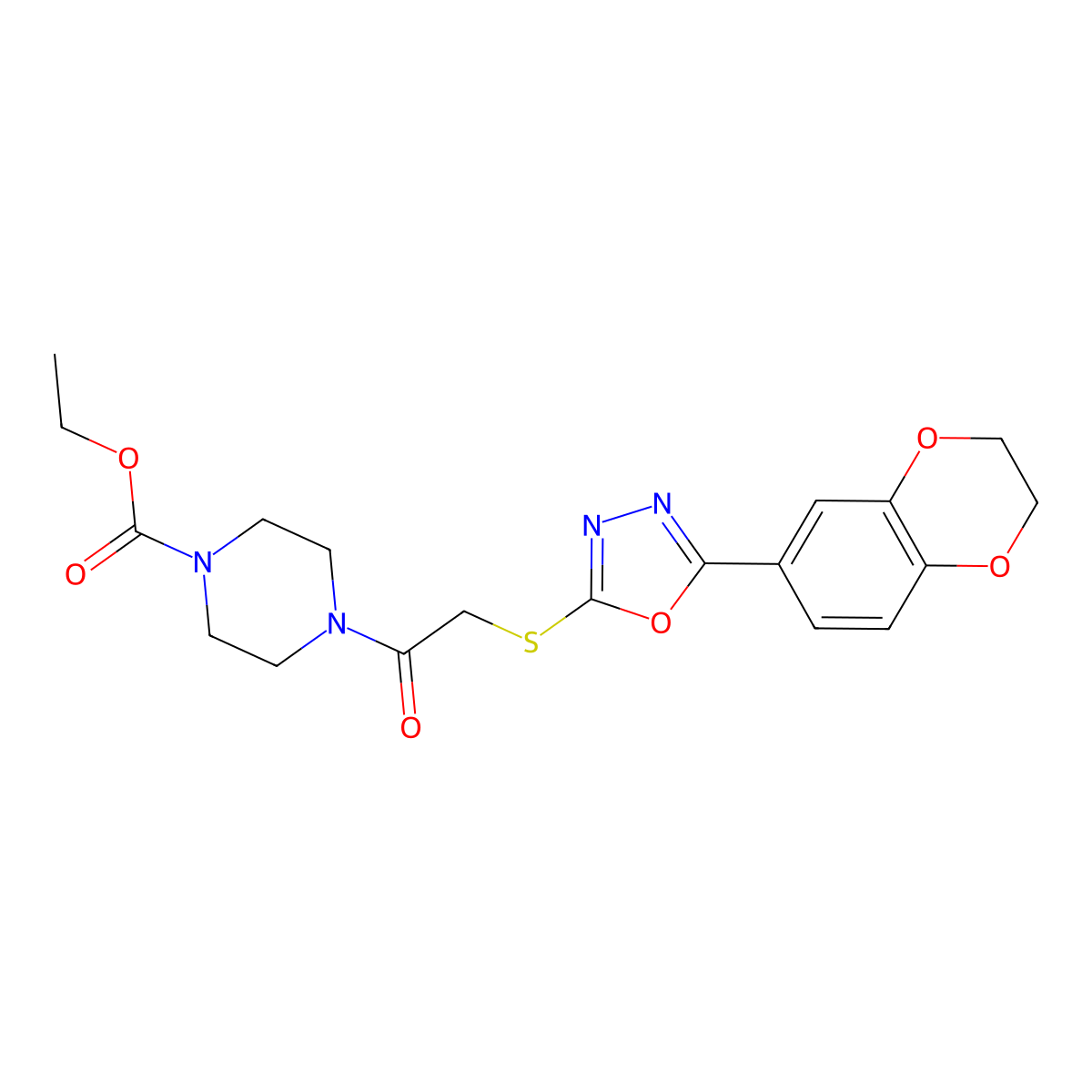 Ethyl 4-(2-((5-(2,3-dihydrobenzo[b][1,4]dioxin-6-yl)-1,3,4-oxadiazol-2-yl)thio)acetyl)piperazine-1-carboxylate molecular structure, CAS 851129-83-4