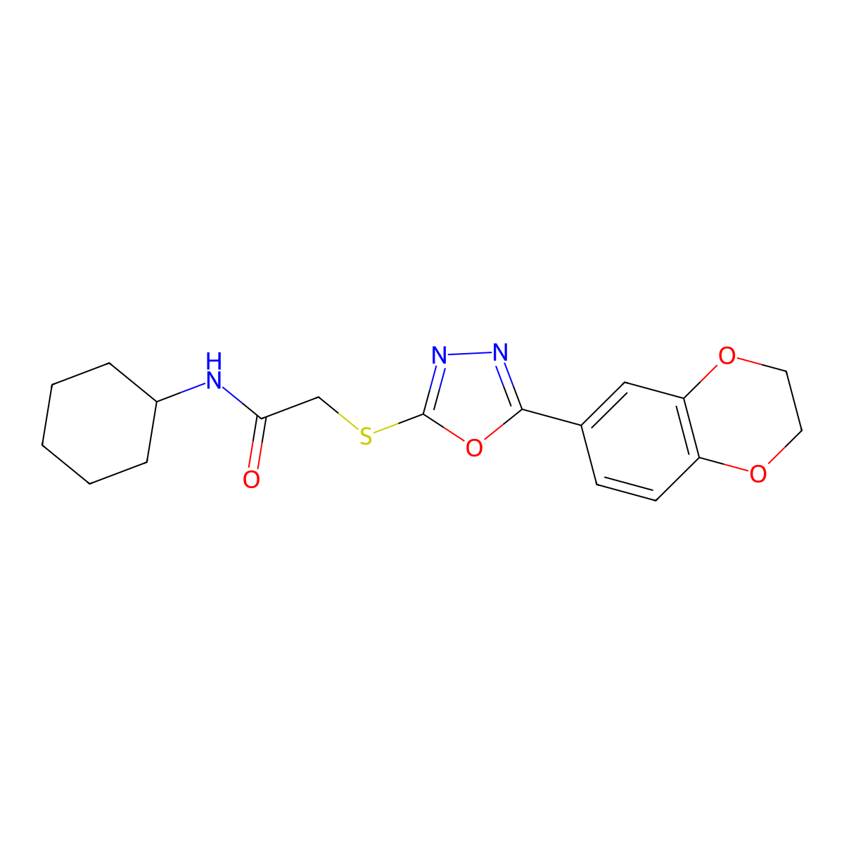 N-Cyclohexyl-2-{[5-(2,3-dihydro-1,4-benzodioxin-6-YL)-1,3,4-oxadiazol-2-YL]sulfanyl}acetamide molecular structure, CAS 851129-85-6