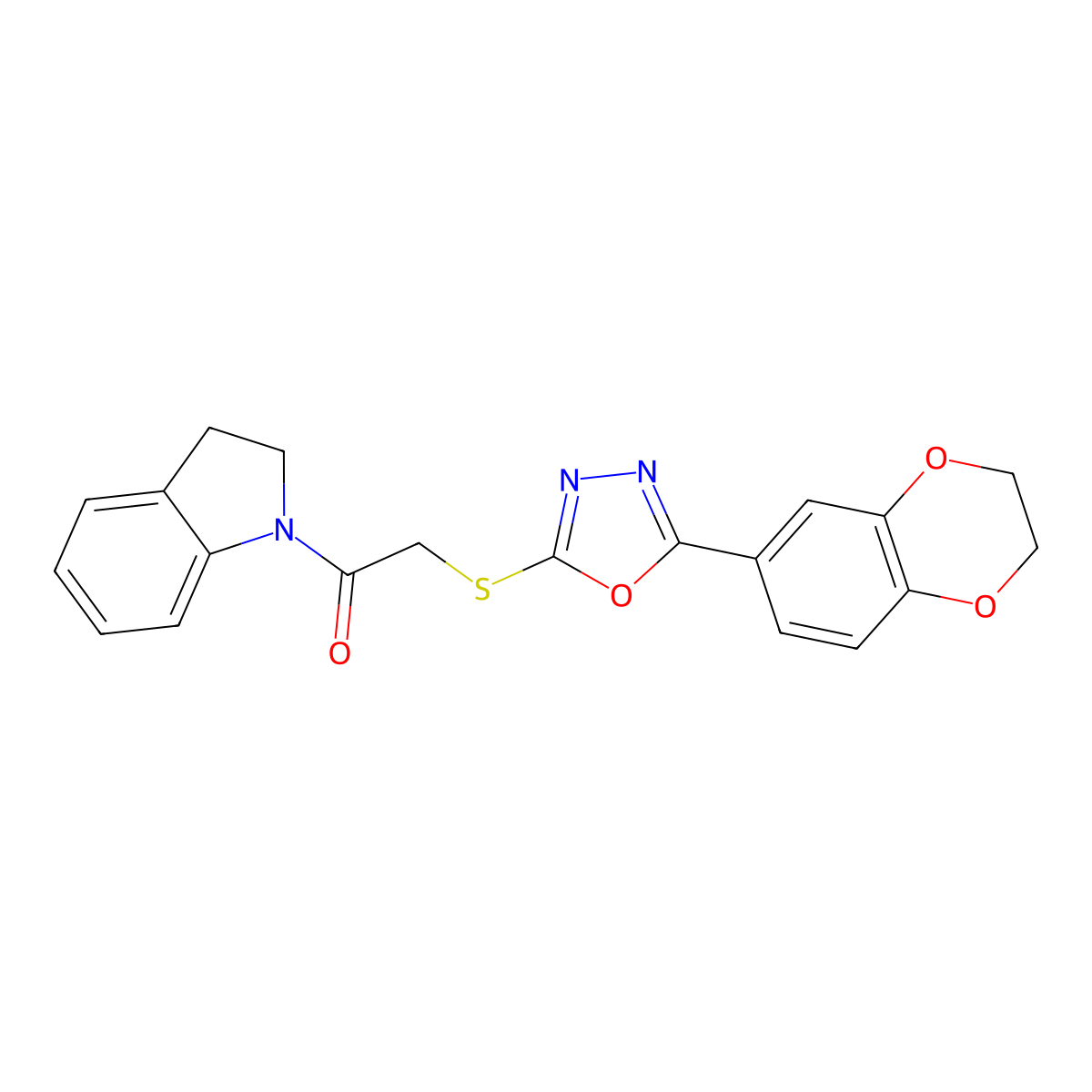 2-[[5-(2,3-Dihydro-1,4-benzodioxin-6-yl)-1,3,4-oxadiazol-2-yl]sulfanyl]-1-(2,3-dihydroindol-1-yl)ethanone molecular structure, CAS 851129-87-8