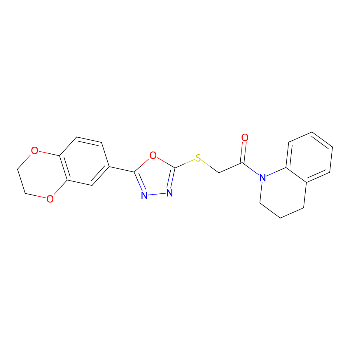 2-((5-(2,3-dihydrobenzo[b][1,4]dioxin-6-yl)-1,3,4-oxadiazol-2-yl)thio)-1-(3,4-dihydroquinolin-1(2H)-yl)ethanone molecular structure, CAS 851129-89-0