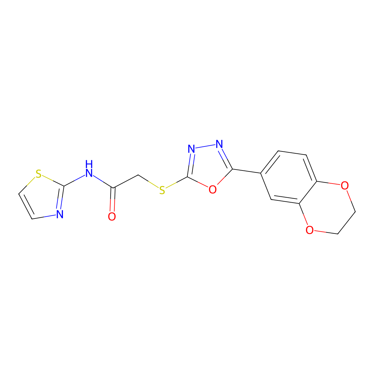 2-((5-(2,3-dihydrobenzo[b][1,4]dioxin-6-yl)-1,3,4-oxadiazol-2-yl)thio)-N-(thiazol-2-yl)acetamide molecular structure, CAS 851129-91-4