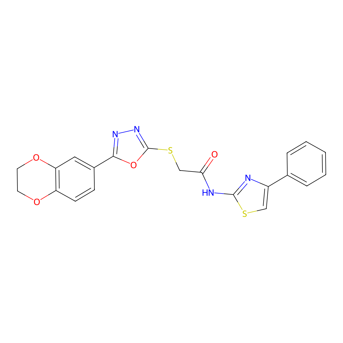 2-((5-(2,3-dihydrobenzo[b][1,4]dioxin-6-yl)-1,3,4-oxadiazol-2-yl)thio)-N-(4-phenylthiazol-2-yl)acetamide molecular structure, CAS 851129-93-6