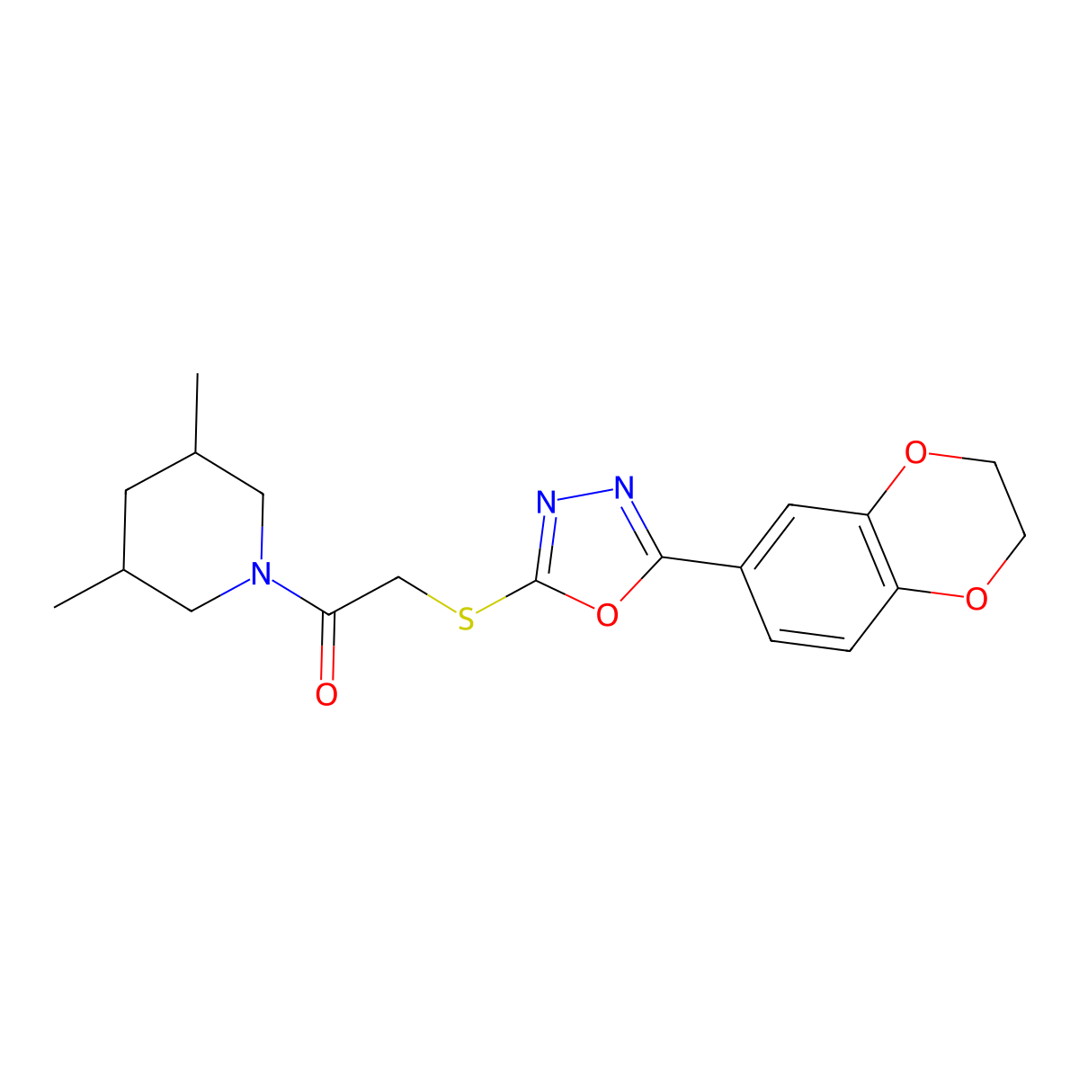 2-((5-(2,3-Dihydrobenzo[b][1,4]dioxin-6-yl)-1,3,4-oxadiazol-2-yl)thio)-1-(3,5-dimethylpiperidin-1-yl)ethanone molecular structure, CAS 851129-94-7