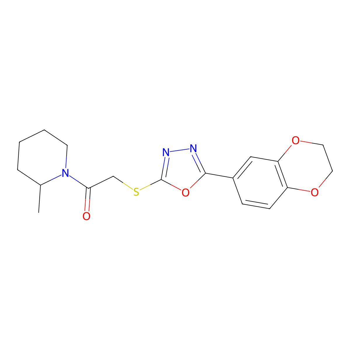 2-[[5-(2,3-Dihydro-1,4-benzodioxin-6-yl)-1,3,4-oxadiazol-2-yl]sulfanyl]-1-(2-methylpiperidin-1-yl)ethanone molecular structure, CAS 851129-95-8