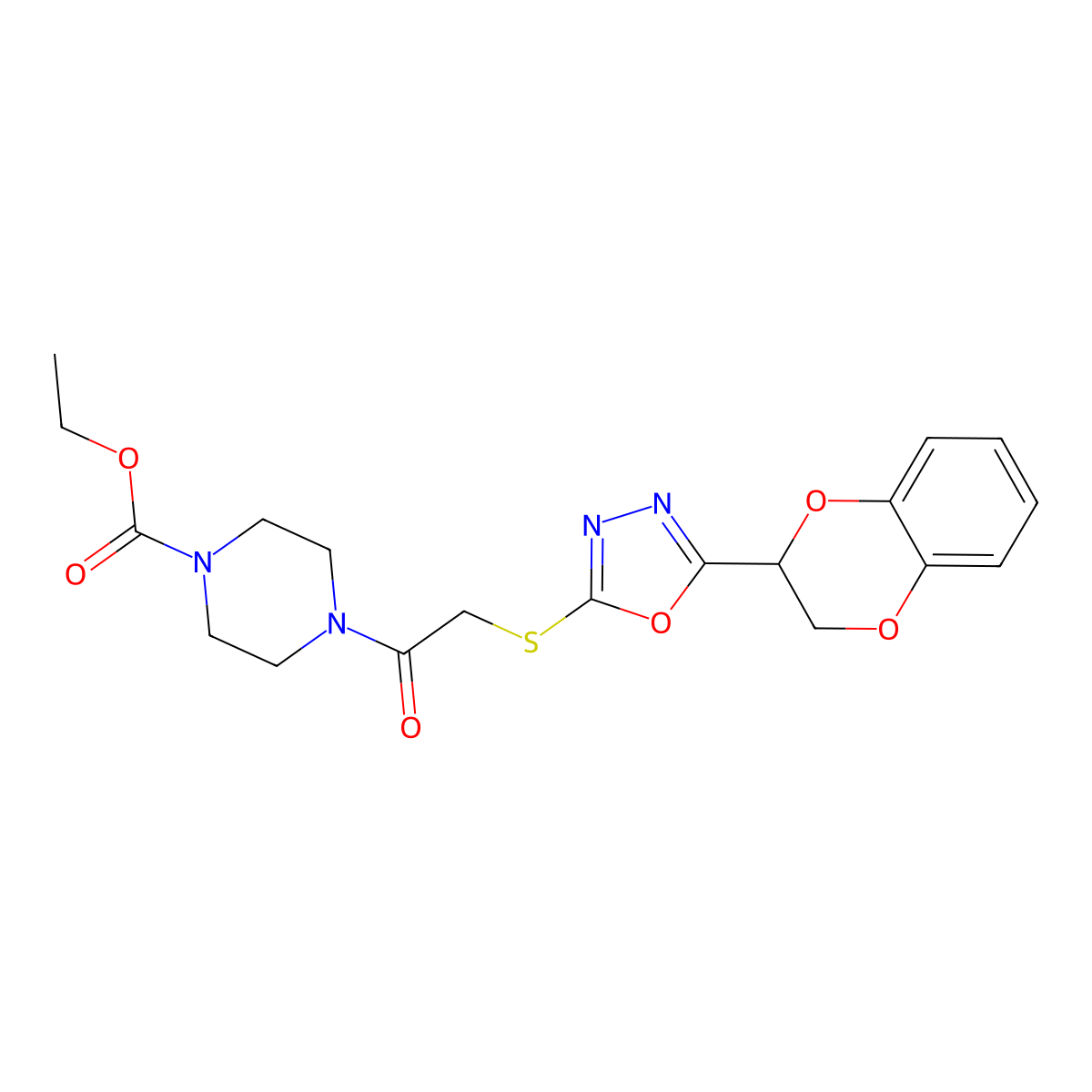 Ethyl 4-(2-((5-(2,3-dihydrobenzo[b][1,4]dioxin-2-yl)-1,3,4-oxadiazol-2-yl)thio)acetyl)piperazine-1-carboxylate molecular structure, CAS 851130-00-2