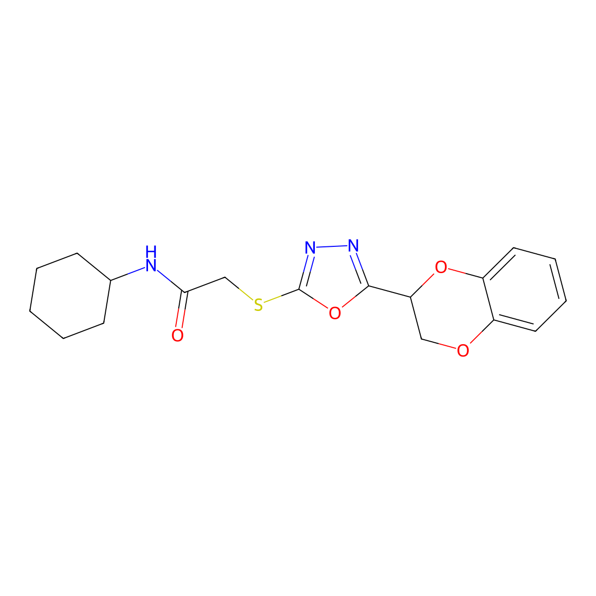 N-cyclohexyl-2-[[5-(2,3-dihydro-1,4-benzodioxin-3-yl)-1,3,4-oxadiazol-2-yl]sulfanyl]acetamide molecular structure, CAS 851130-01-3