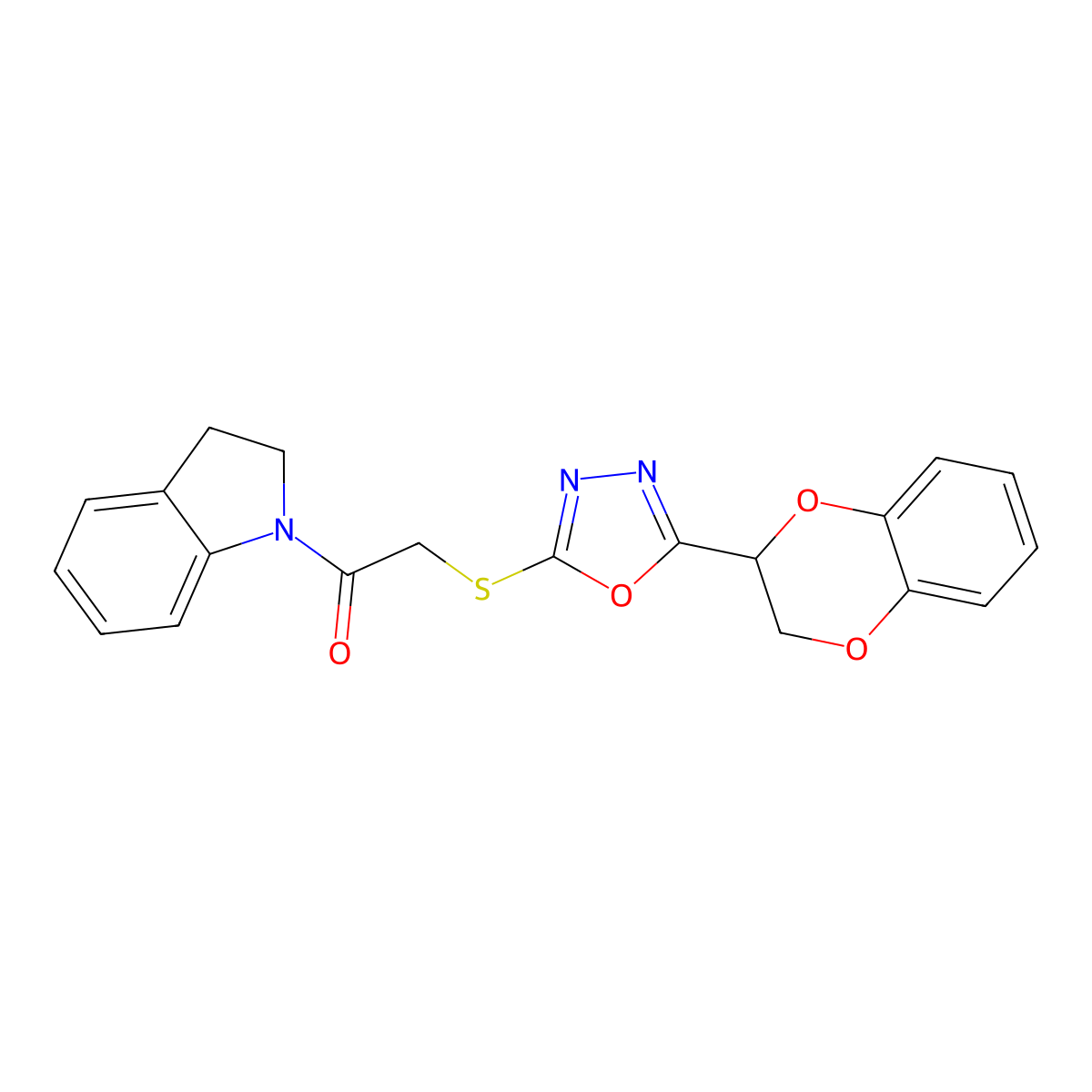 2-[[5-(2,3-Dihydro-1,4-benzodioxin-3-yl)-1,3,4-oxadiazol-2-yl]sulfanyl]-1-(2,3-dihydroindol-1-yl)ethanone molecular structure, CAS 851130-02-4