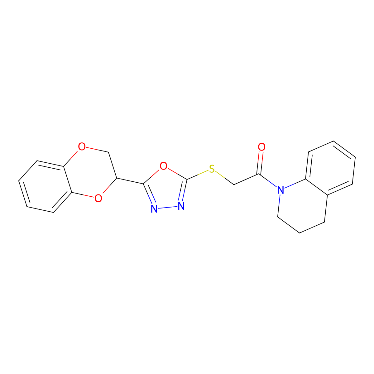 1-({[5-(2,3-Dihydro-1,4-benzodioxin-2-yl)-1,3,4-oxadiazol-2-yl]thio}acetyl)-1,2,3,4-tetrahydroquinoline molecular structure, CAS 851130-03-5