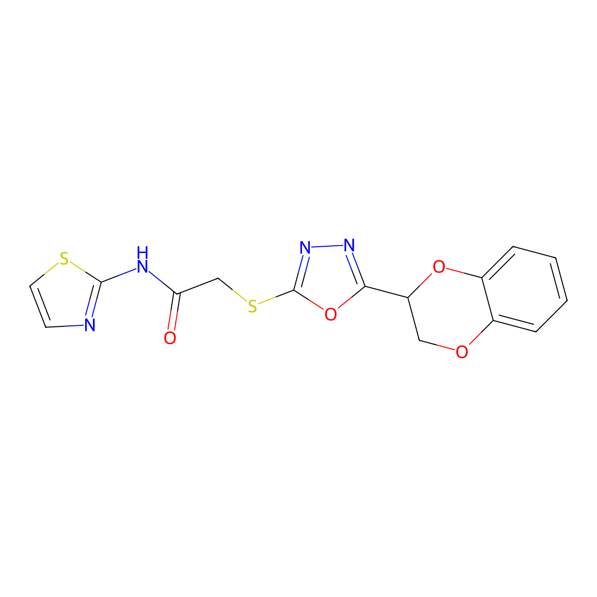 2-((5-(2,3-dihydrobenzo[b][1,4]dioxin-2-yl)-1,3,4-oxadiazol-2-yl)thio)-N-(thiazol-2-yl)acetamide molecular structure, CAS 851130-04-6