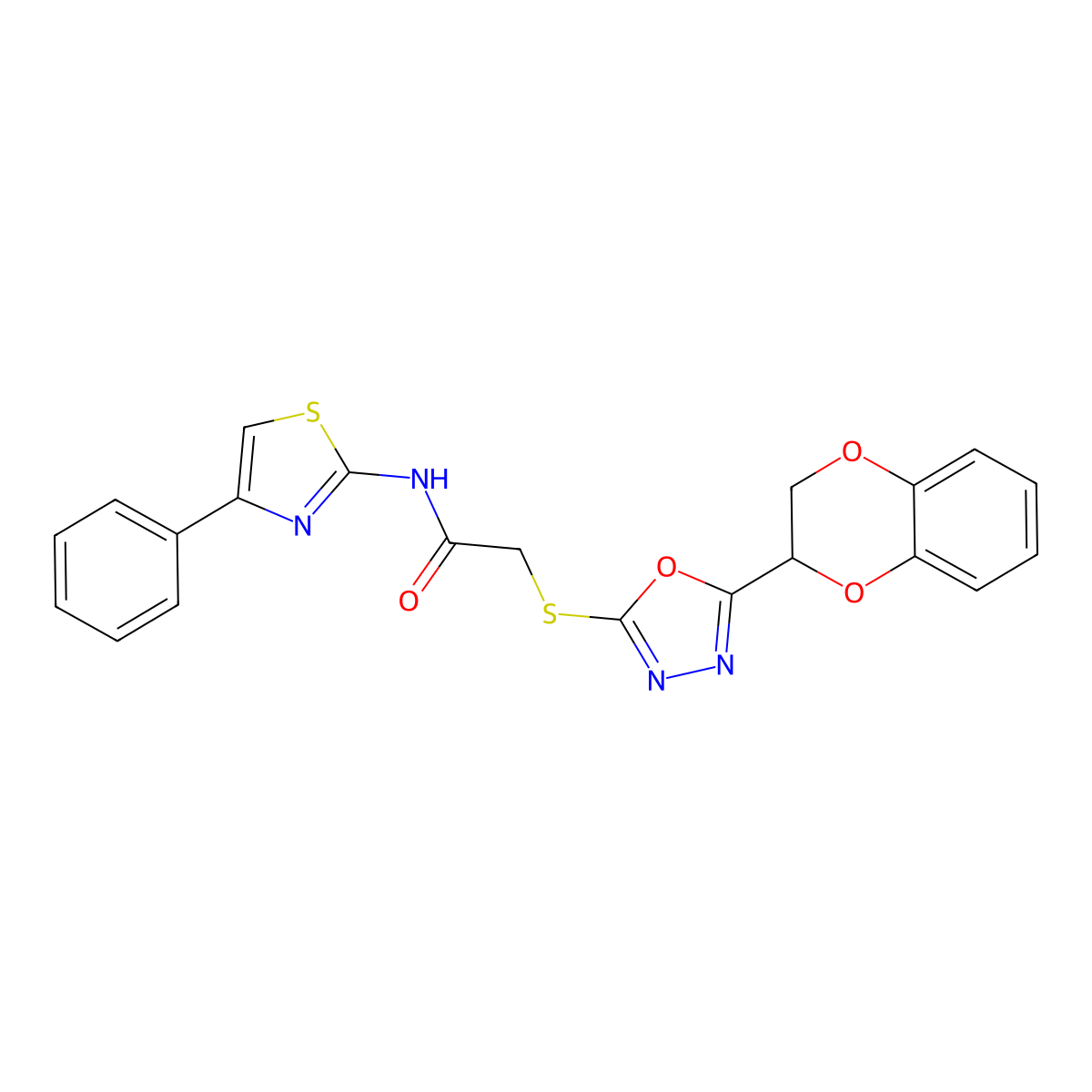 2-((5-(2,3-dihydrobenzo[b][1,4]dioxin-2-yl)-1,3,4-oxadiazol-2-yl)thio)-N-(4-phenylthiazol-2-yl)acetamide molecular structure, CAS 851130-06-8