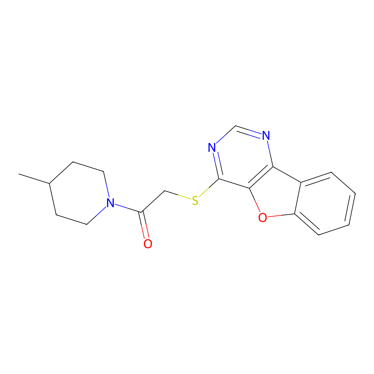 2-(Benzofuro[3,2-d]pyrimidin-4-ylthio)-1-(4-methylpiperidin-1-yl)ethanone molecular structure, CAS 851130-11-5
