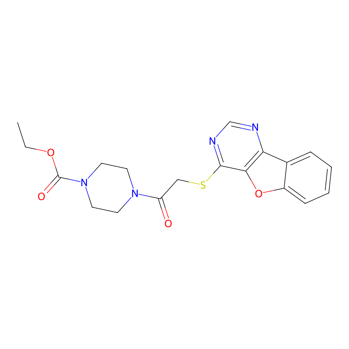 Ethyl 4-(2-(benzofuro[3,2-d]pyrimidin-4-ylthio)acetyl)piperazine-1-carboxylate molecular structure, CAS 851130-13-7