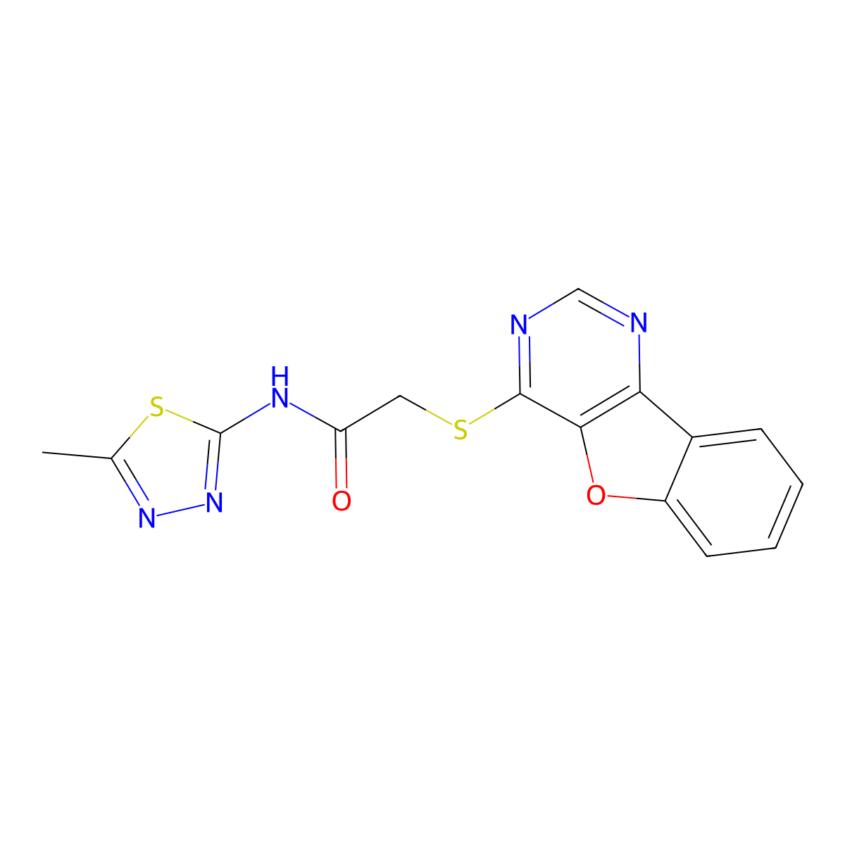 2-(benzofuro[3,2-d]pyrimidin-4-ylthio)-N-(5-methyl-1,3,4-thiadiazol-2-yl)acetamide molecular structure, CAS 851130-14-8