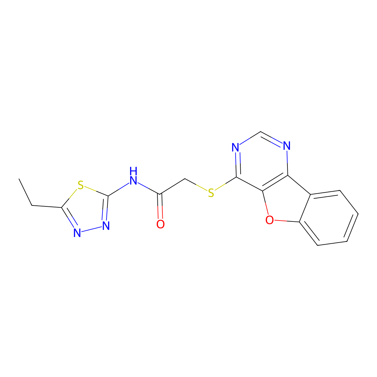 2-(benzofuro[3,2-d]pyrimidin-4-ylthio)-N-(5-ethyl-1,3,4-thiadiazol-2-yl)acetamide molecular structure, CAS 851130-15-9