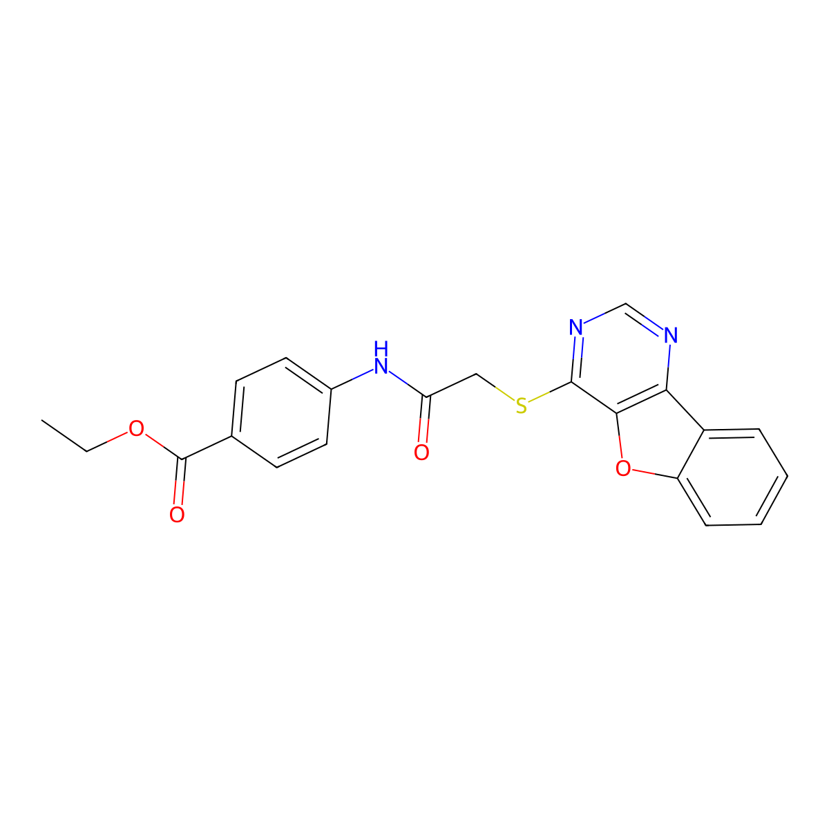 Ethyl 4-(2-(benzofuro[3,2-d]pyrimidin-4-ylthio)acetamido)benzoate molecular structure, CAS 851130-20-6