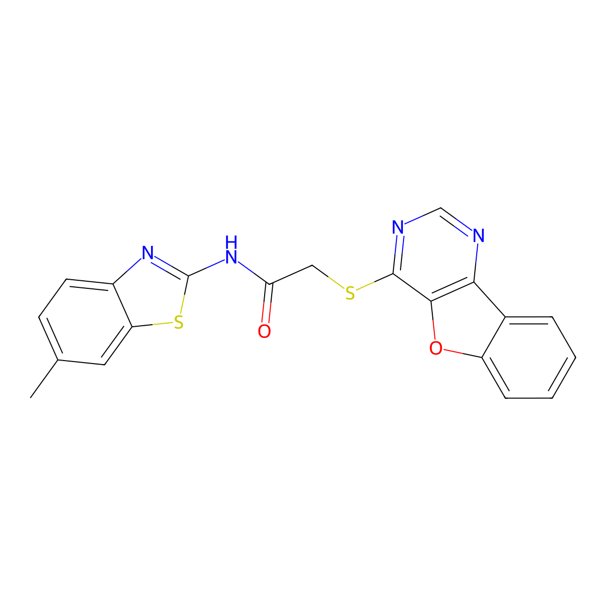 2-(benzofuro[3,2-d]pyrimidin-4-ylthio)-N-(6-methylbenzo[d]thiazol-2-yl)acetamide molecular structure, CAS 851130-28-4