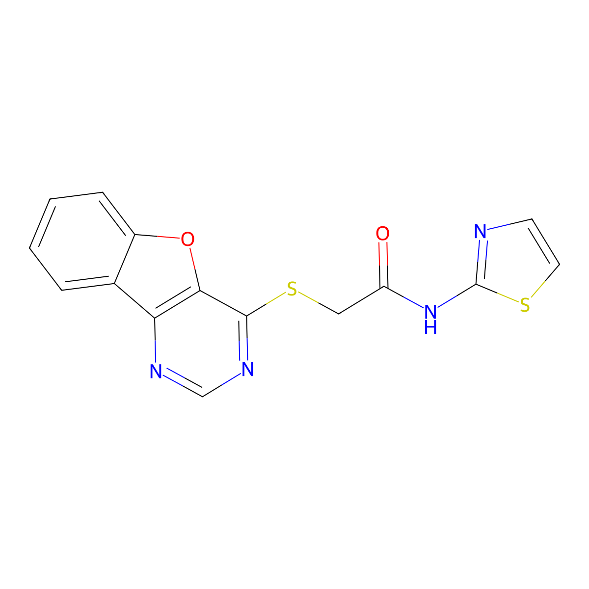 2-(benzofuro[3,2-d]pyrimidin-4-ylthio)-N-(thiazol-2-yl)acetamide molecular structure, CAS 851130-29-5
