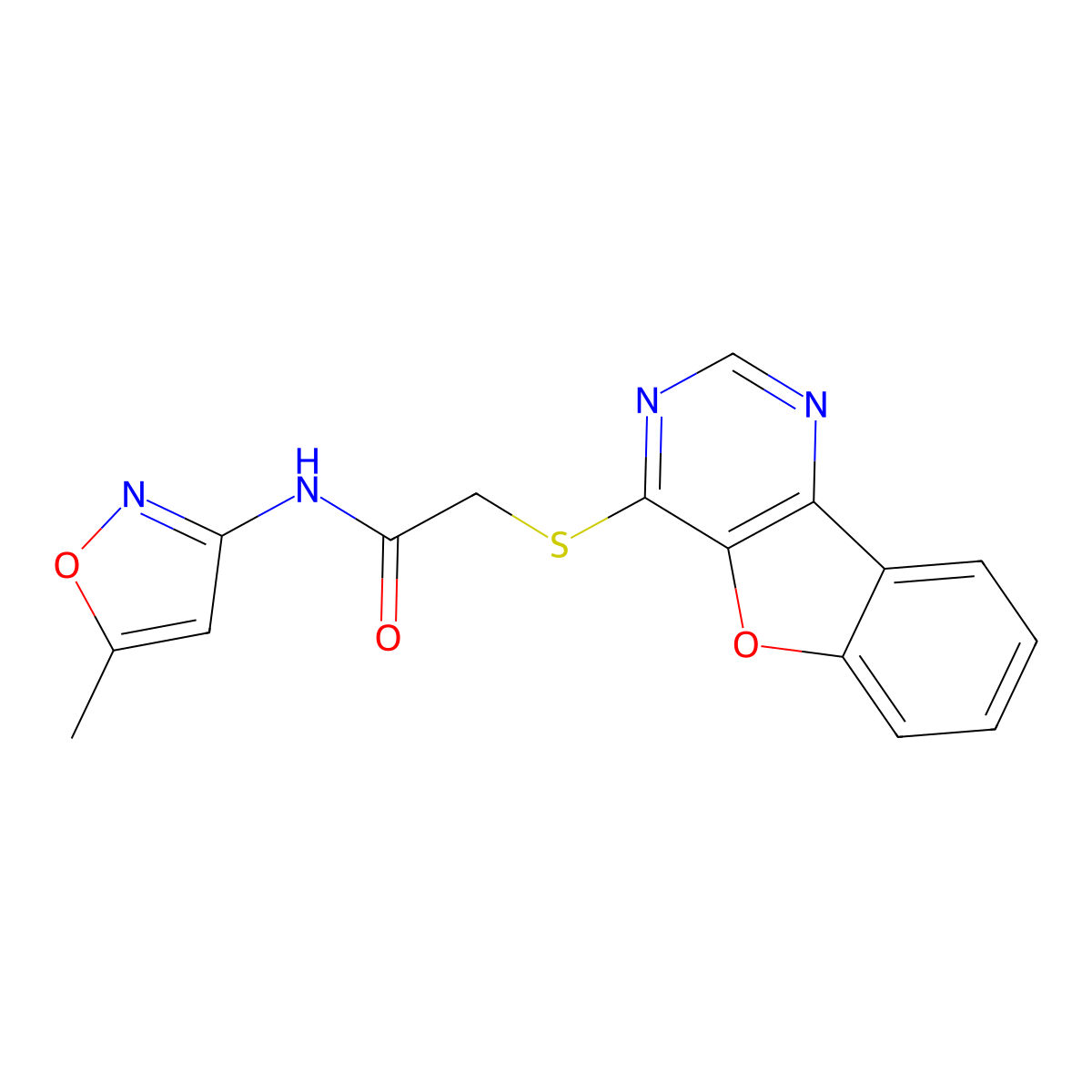 2-(benzofuro[3,2-d]pyrimidin-4-ylthio)-N-(5-methylisoxazol-3-yl)acetamide molecular structure, CAS 851130-30-8