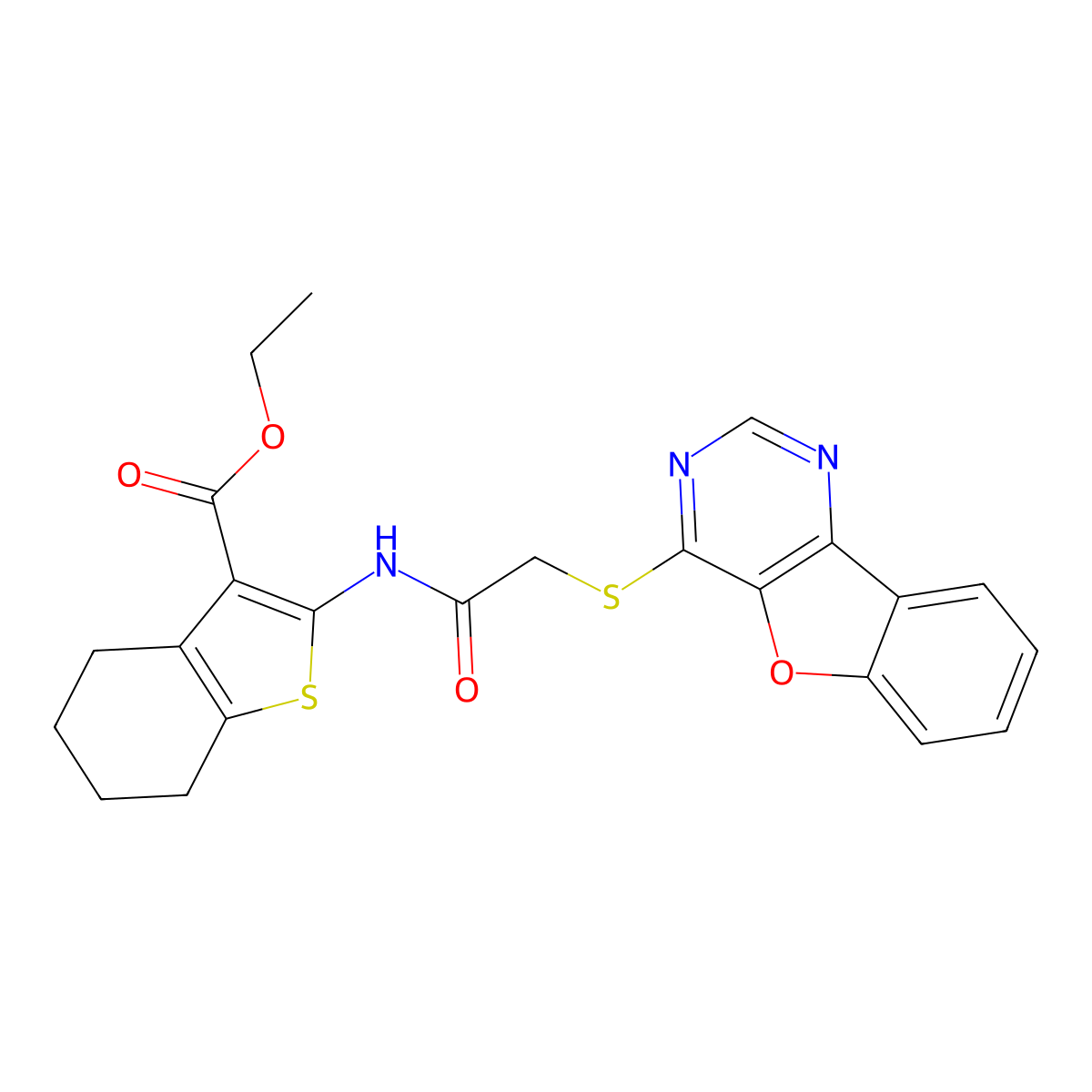 Ethyl 2-(2-(benzofuro[3,2-d]pyrimidin-4-ylthio)acetamido)-4,5,6,7-tetrahydrobenzo[b]thiophene-3-carboxylate molecular structure, CAS 851130-31-9