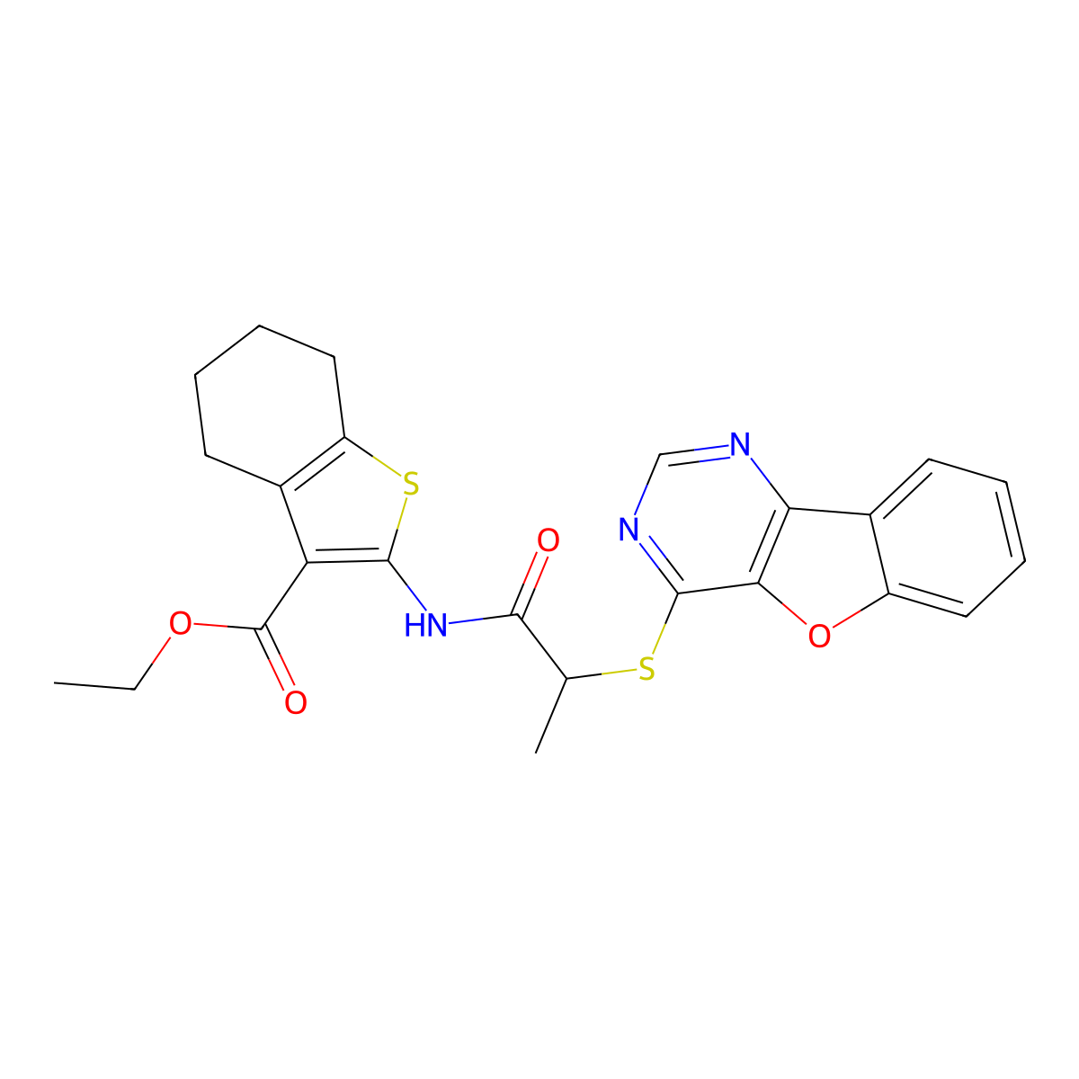 Ethyl 2-(2-(benzofuro[3,2-d]pyrimidin-4-ylthio)propanamido)-4,5,6,7-tetrahydrobenzo[b]thiophene-3-carboxylate molecular structure, CAS 851130-32-0