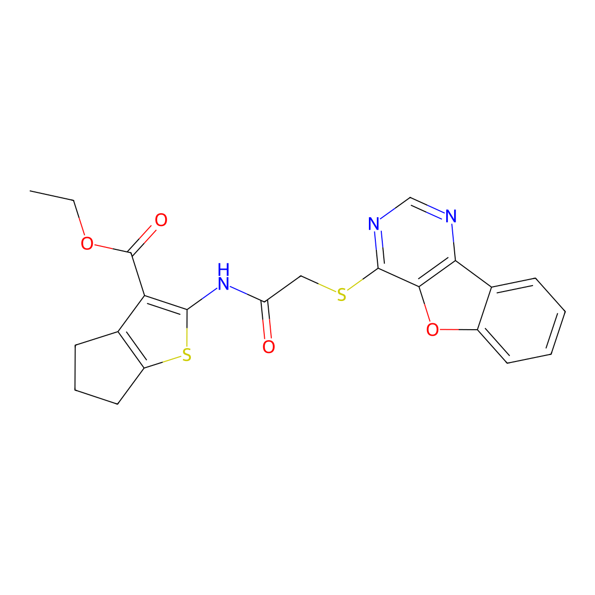 ethyl 2-(2-(benzofuro[3,2-d]pyrimidin-4-ylthio)acetamido)-5,6-dihydro-4H-cyclopenta[b]thiophene-3-carboxylate molecular structure, CAS 851130-33-1