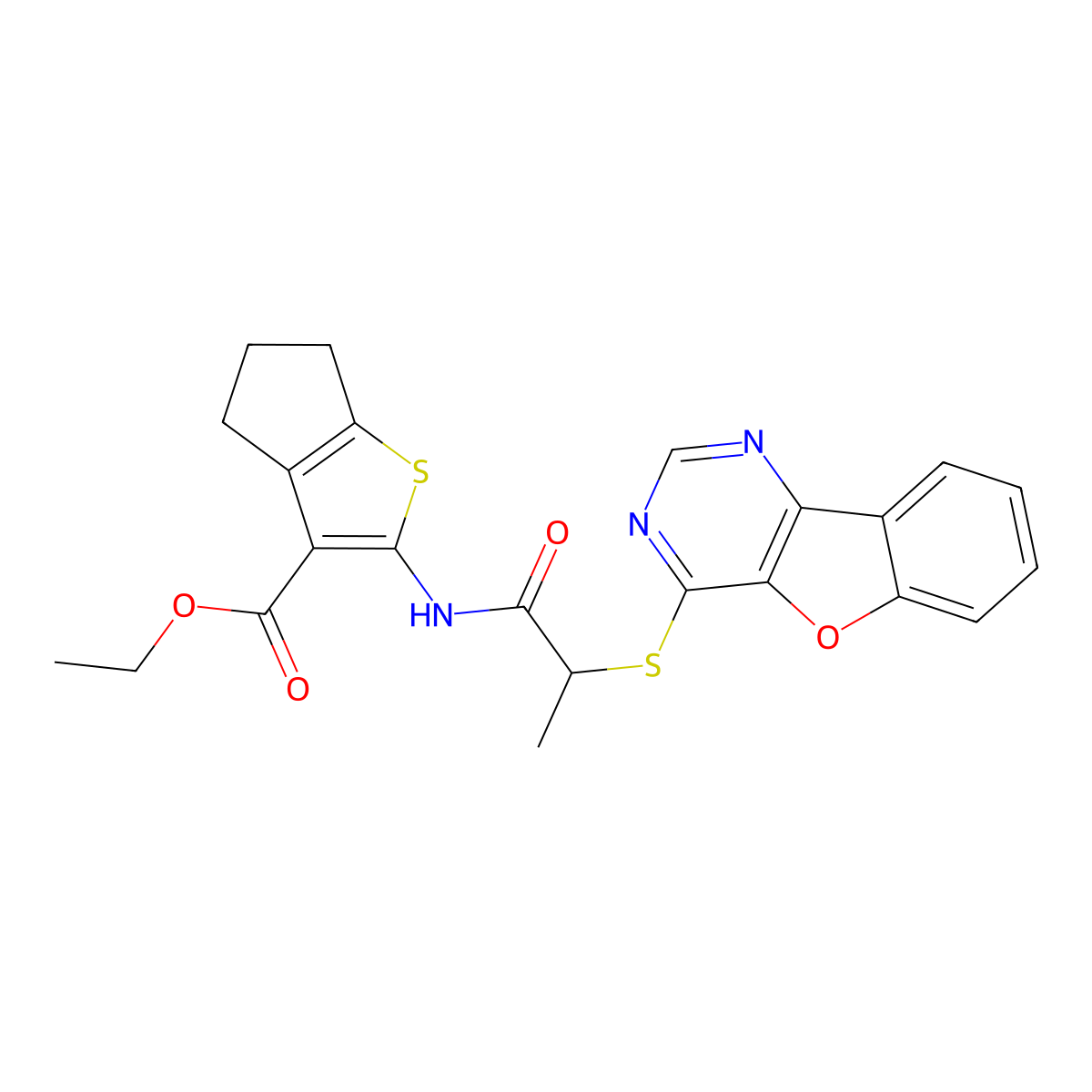 ethyl 2-(2-(benzofuro[3,2-d]pyrimidin-4-ylthio)propanamido)-5,6-dihydro-4H-cyclopenta[b]thiophene-3-carboxylate molecular structure, CAS 851130-34-2
