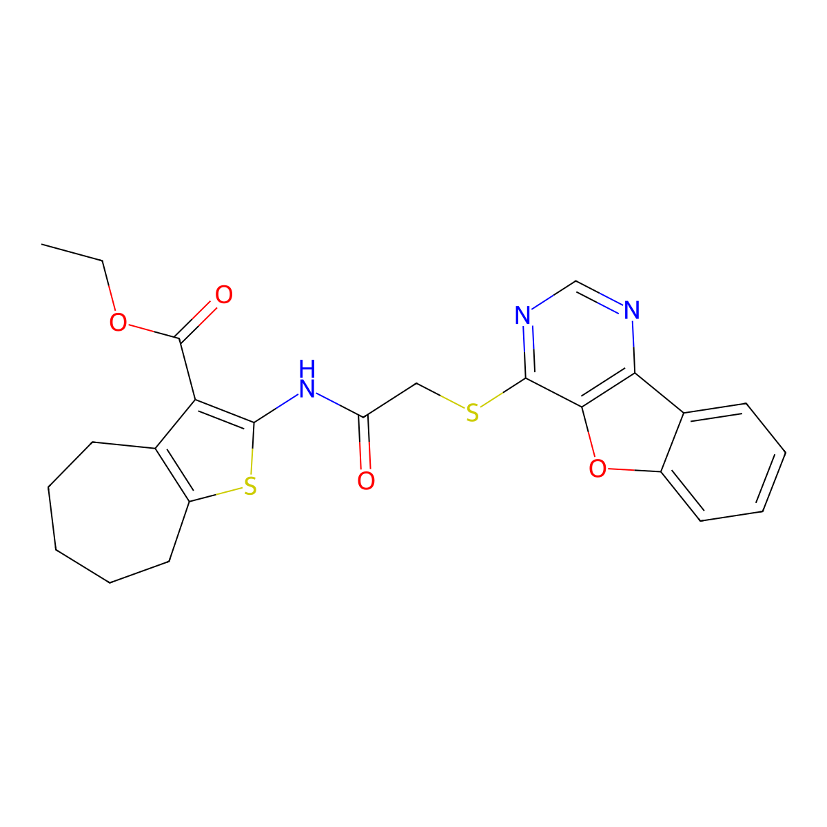 ethyl 2-(2-(benzofuro[3,2-d]pyrimidin-4-ylthio)acetamido)-5,6,7,8-tetrahydro-4H-cyclohepta[b]thiophene-3-carboxylate molecular structure, CAS 851130-35-3