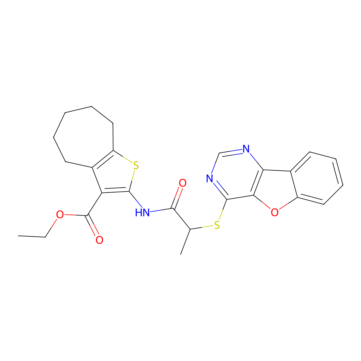 ethyl 2-(2-(benzofuro[3,2-d]pyrimidin-4-ylthio)propanamido)-5,6,7,8-tetrahydro-4H-cyclohepta[b]thiophene-3-carboxylate molecular structure, CAS 851130-36-4