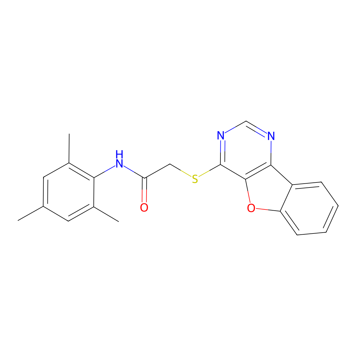 2-(benzofuro[3,2-d]pyrimidin-4-ylthio)-N-mesitylacetamide molecular structure, CAS 851130-42-2