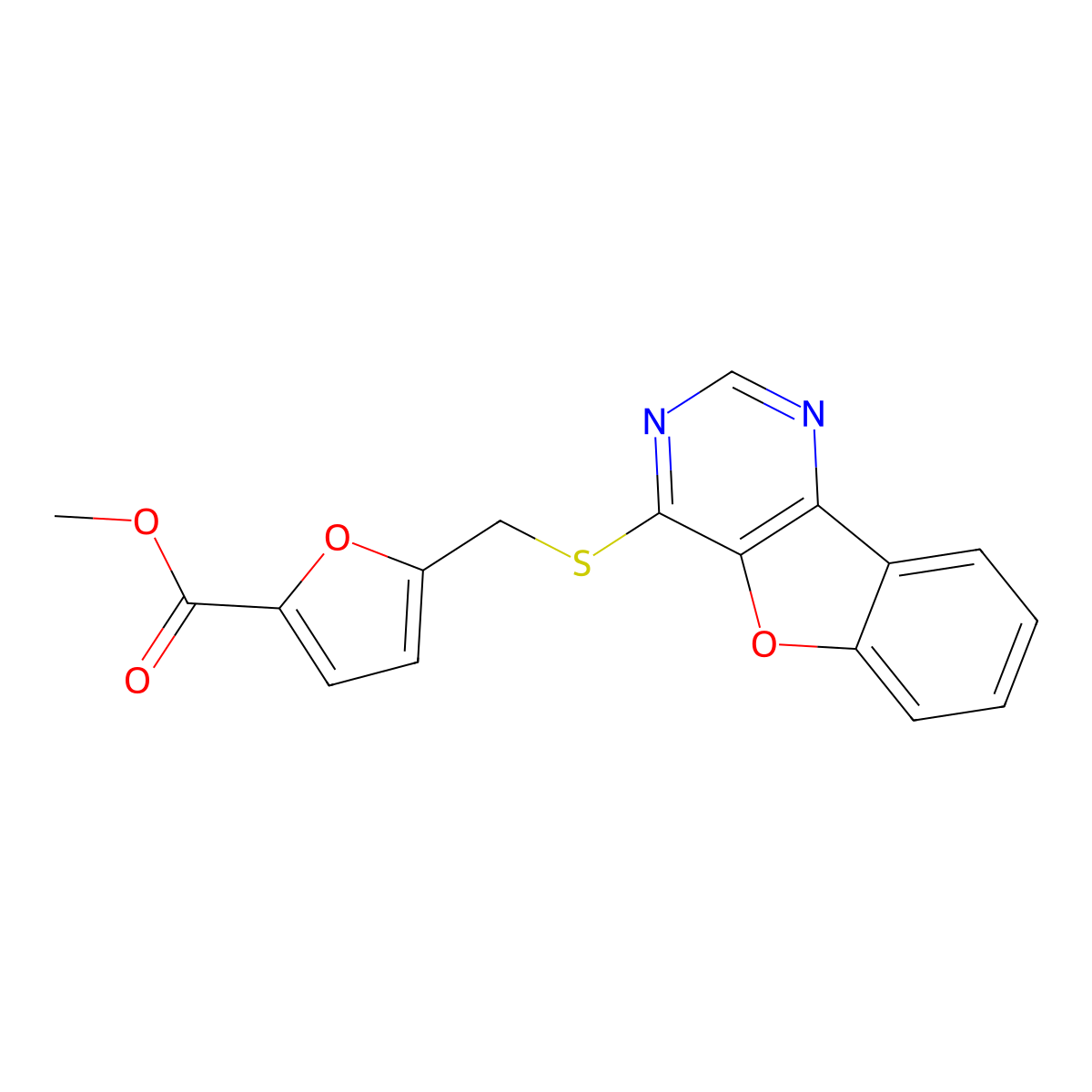 Methyl 5-((benzofuro[3,2-d]pyrimidin-4-ylthio)methyl)furan-2-carboxylate molecular structure, CAS 851130-52-4