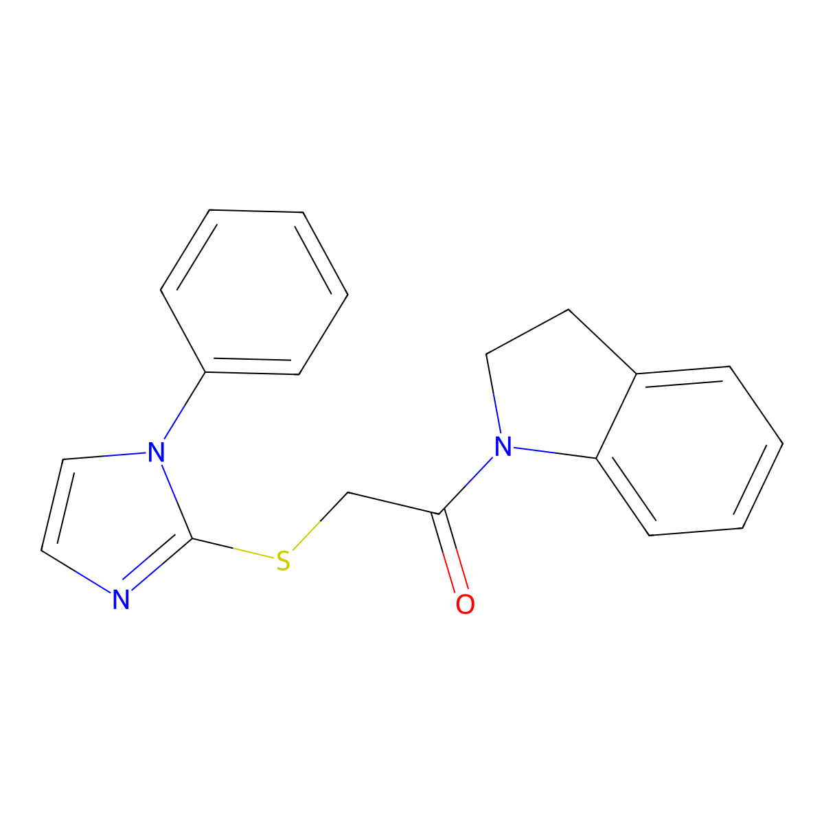1-(indolin-1-yl)-2-((1-phenyl-1H-imidazol-2-yl)thio)ethanone molecular structure, CAS 851130-83-1