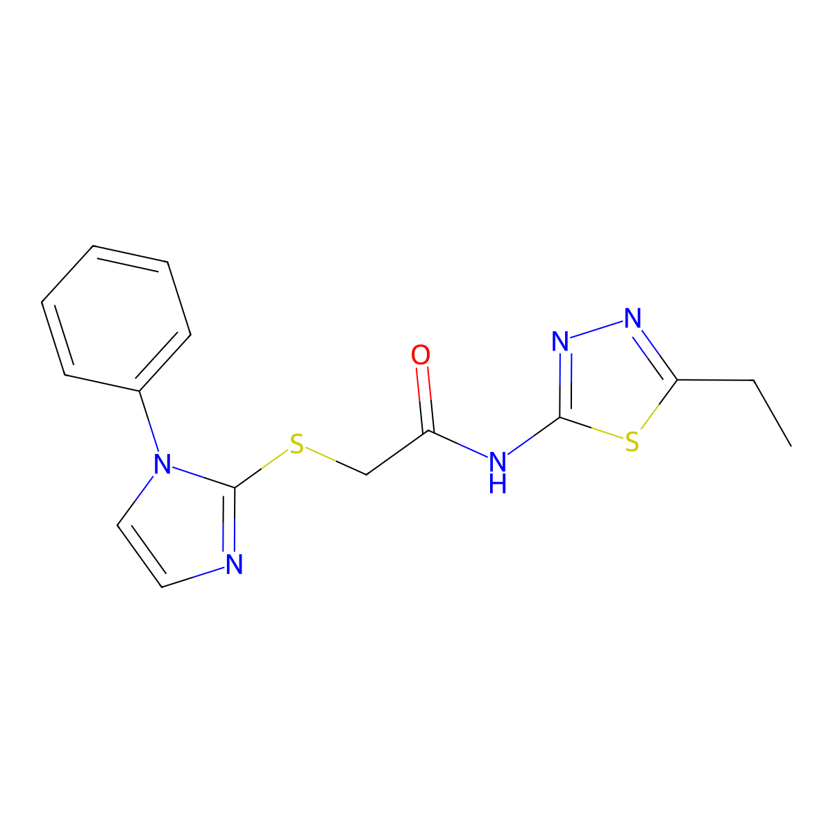 N-(5-ethyl-1,3,4-thiadiazol-2-yl)-2-(1-phenylimidazol-2-yl)sulfanylacetamide molecular structure, CAS 851130-85-3