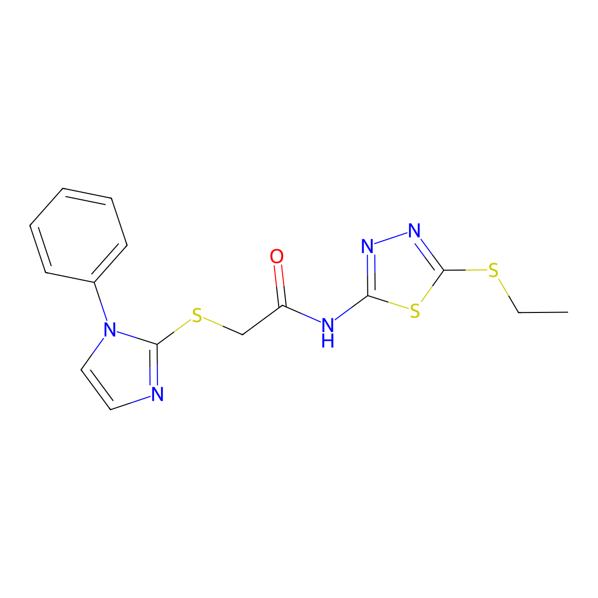 N-(5-(ethylthio)-1,3,4-thiadiazol-2-yl)-2-((1-phenyl-1H-imidazol-2-yl)thio)acetamide molecular structure, CAS 851130-86-4